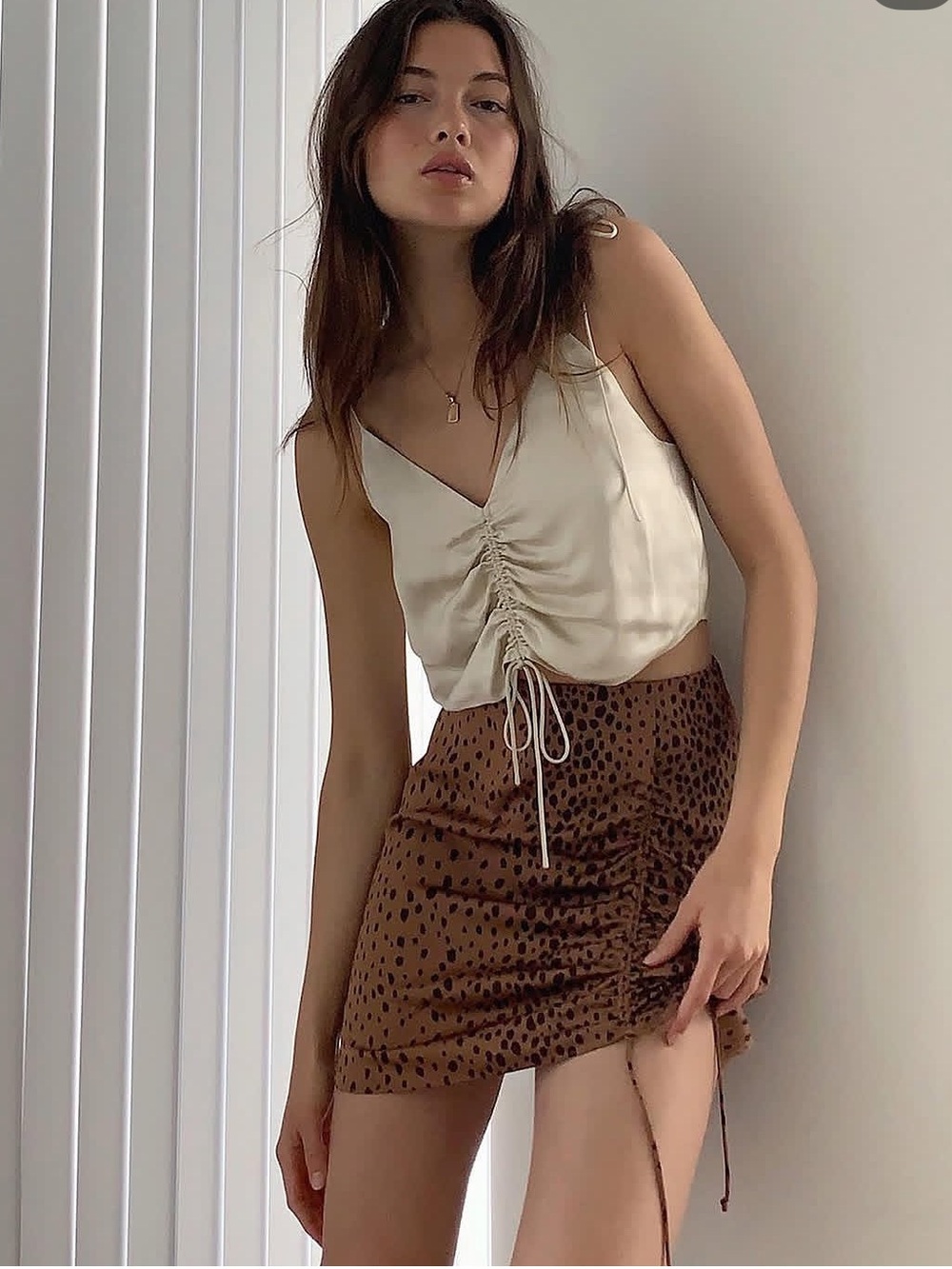 Aritzia Wilfred Unlined Black & Brown Ruched Cheetah Print Satin Skirt Size 4